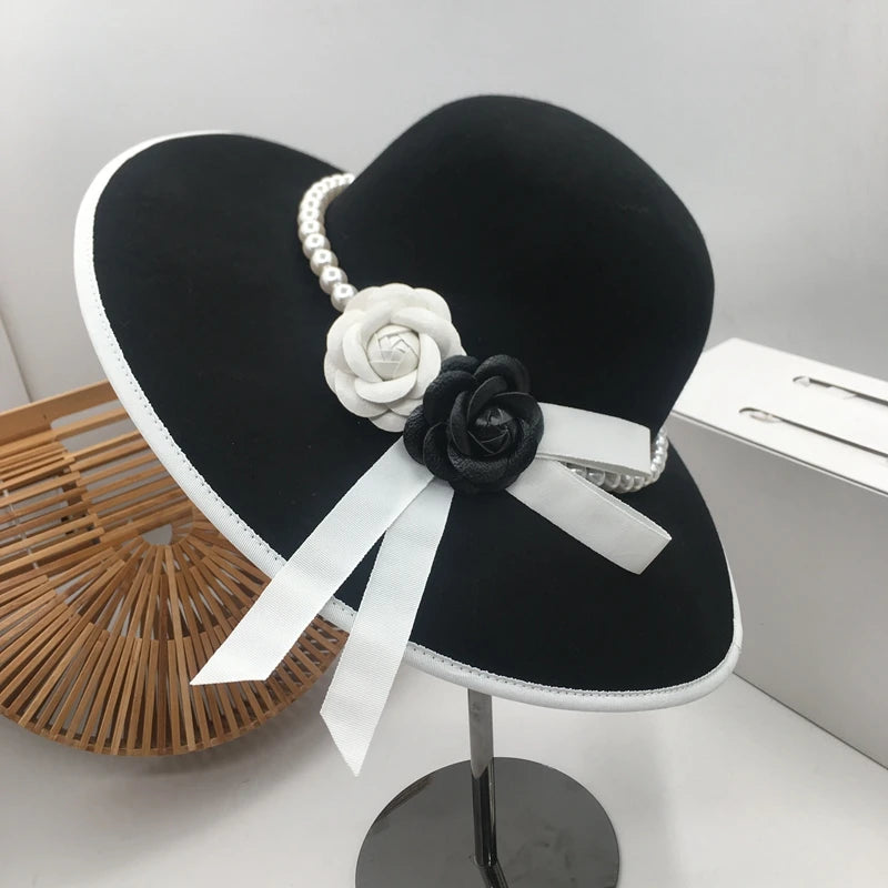 Formal Wide Brim White Black Flower Fedora Hat Pearls Band 100% Wool Felt Floppy Ladies Wedding Church Hat Porkpie Trilby Hat