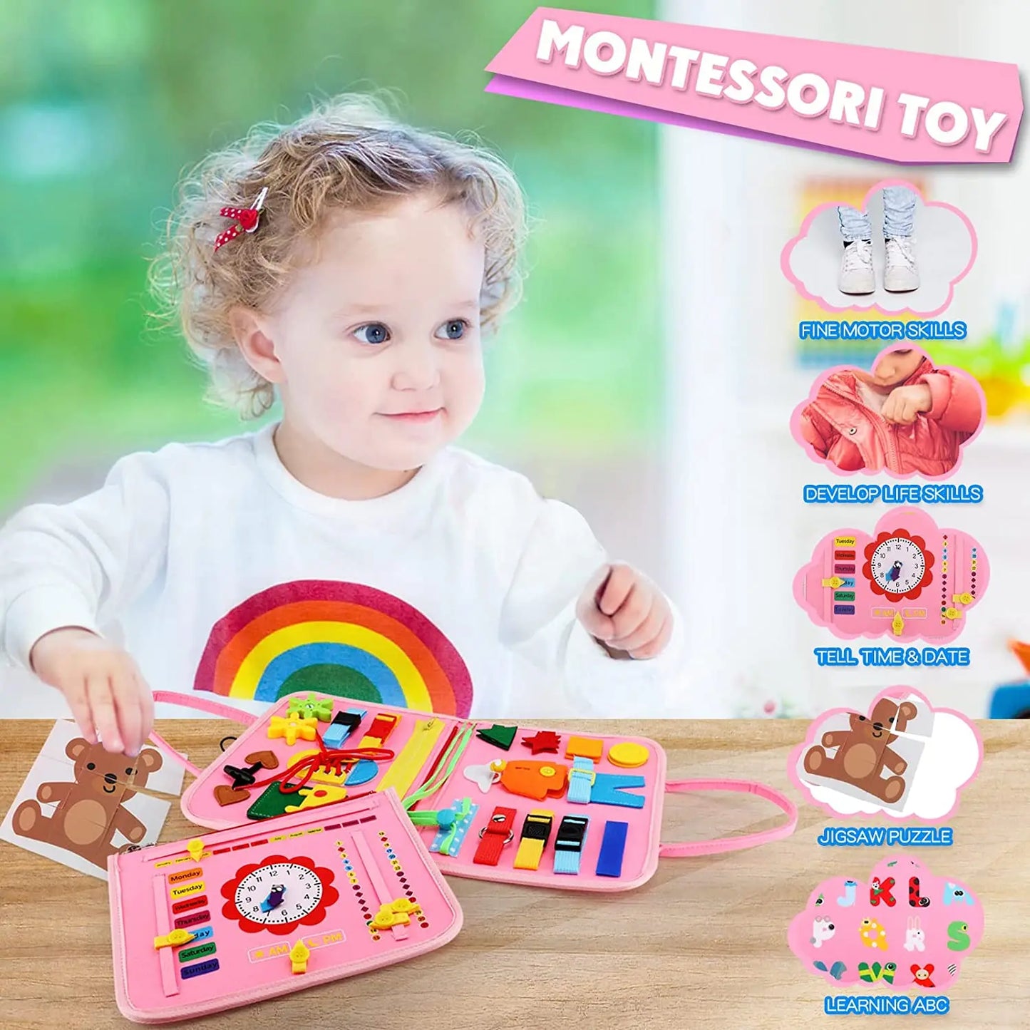 Montessori Toddler Busy Board Educational Activity for Basic Dress Motor Skills Baby Learning Toys for Travel