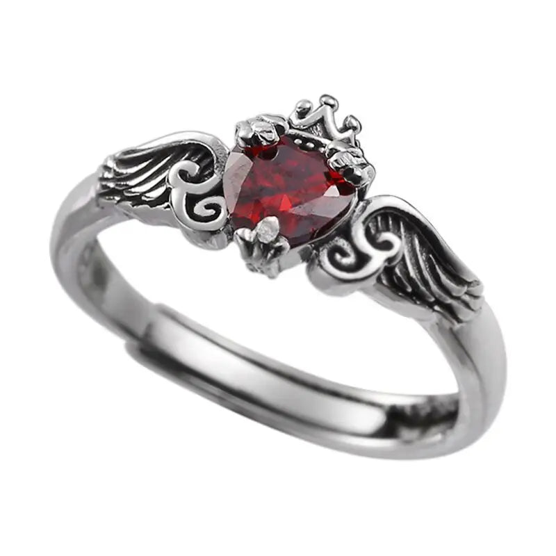 925 Sterling Silver Retro Heart Red Zircon Rings for Women Wedding Luxury Jewelry Angel Wing Crown Design Ladies Ring Gifts