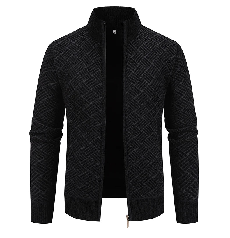 Mens Sweaters Jacket Full Zip Fleeced Sweater Cardigan Plaid Stand Collar Sweaters Coat Autumn Winter Homme Clothes