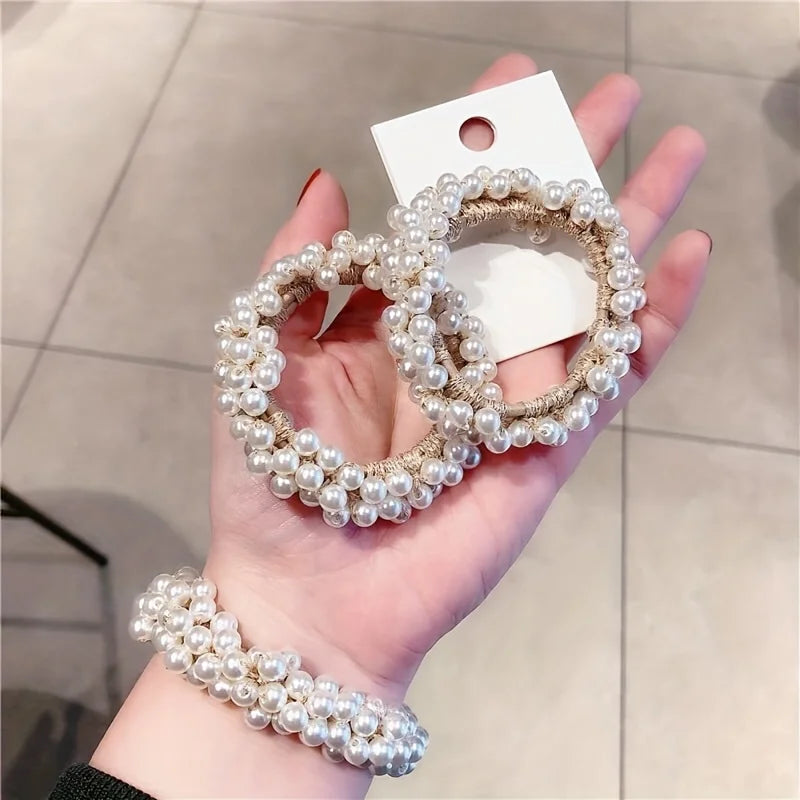 6PCS Pearl scrunchie elastic hair cord for women's and girls' hair accessories