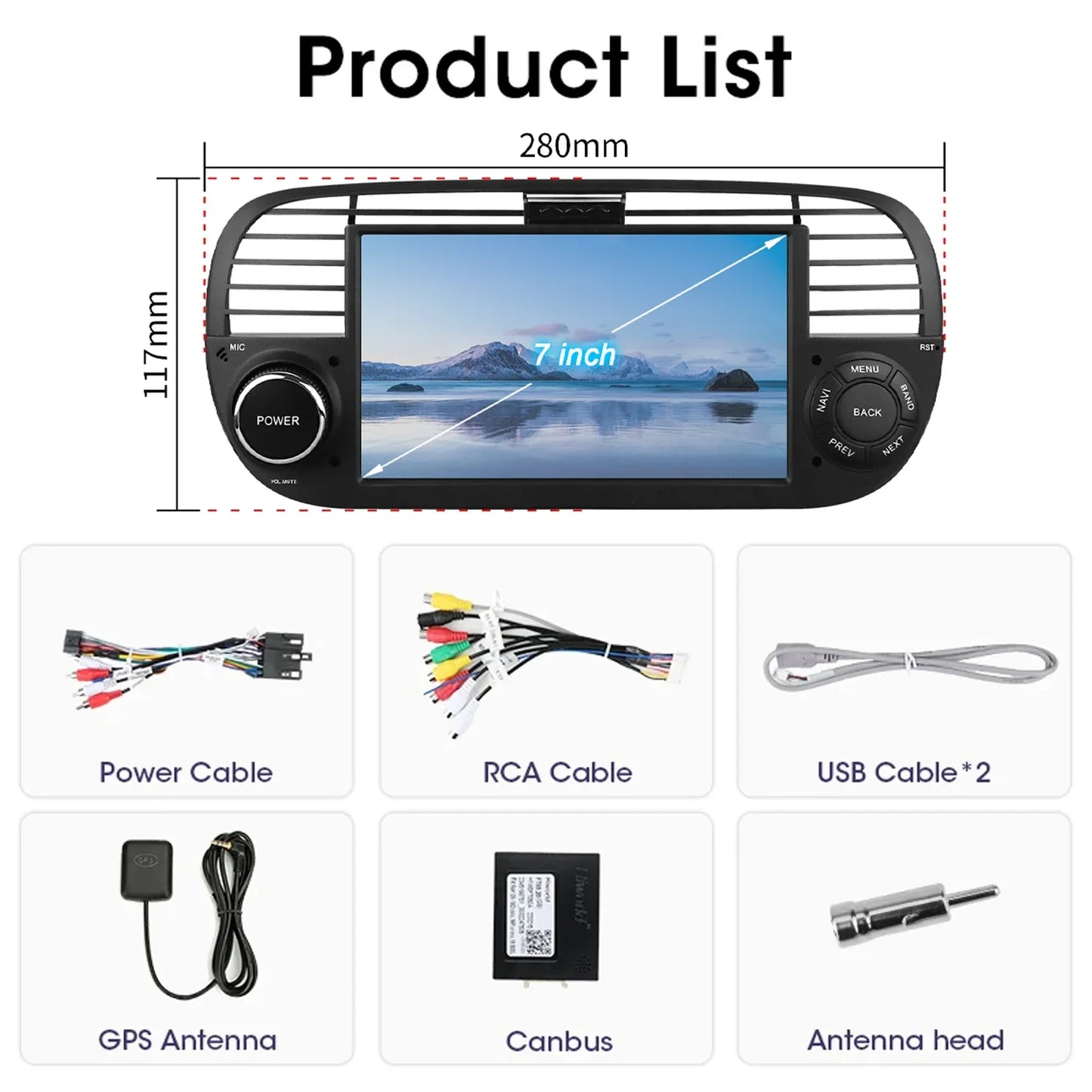 Junuse 7" Wireless Android Auto Carplay For Fiat 500 2007~2015 Android 13 Carplay GPS Navigation Multimedia Player White Black