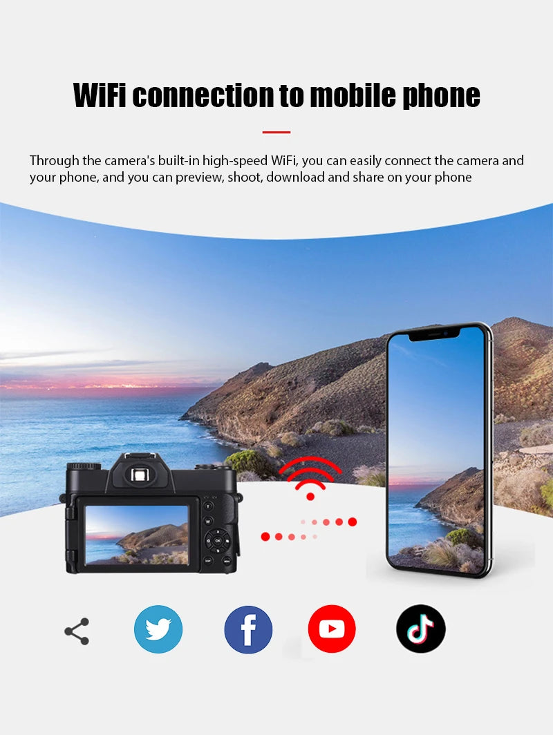 4K HD Professional Digital Camera Camcorder WIFI Webcam Wide Angle 16X Digital Zoom 48MP Photography 3 Inch Flip Screen Recorder