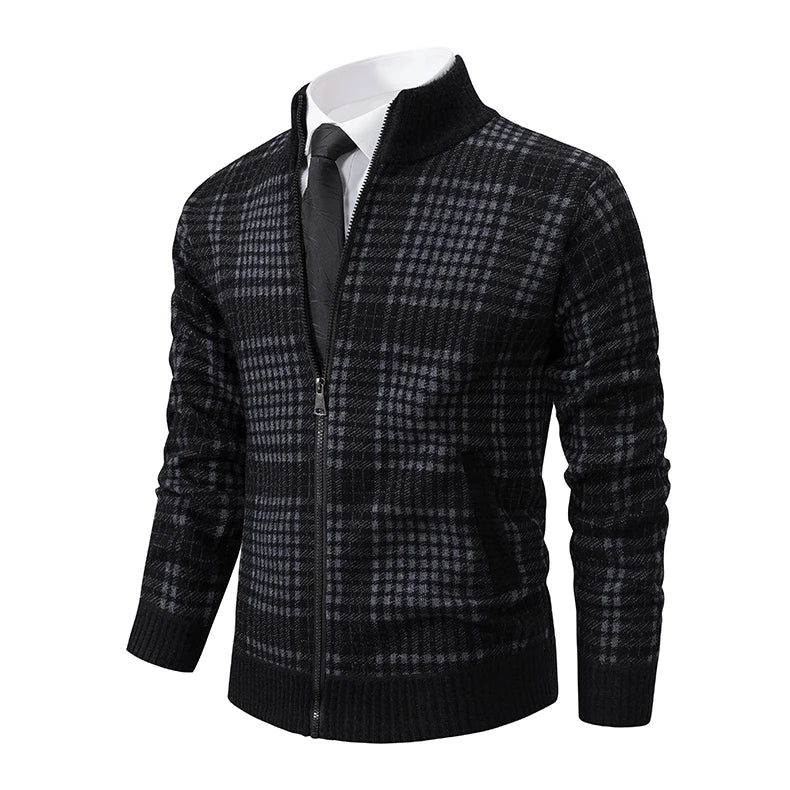 Mens Sweaters Jacket Full Zip Fleeced Sweater Cardigan Plaid Stand Collar Sweaters Coat Autumn Winter Homme Clothes