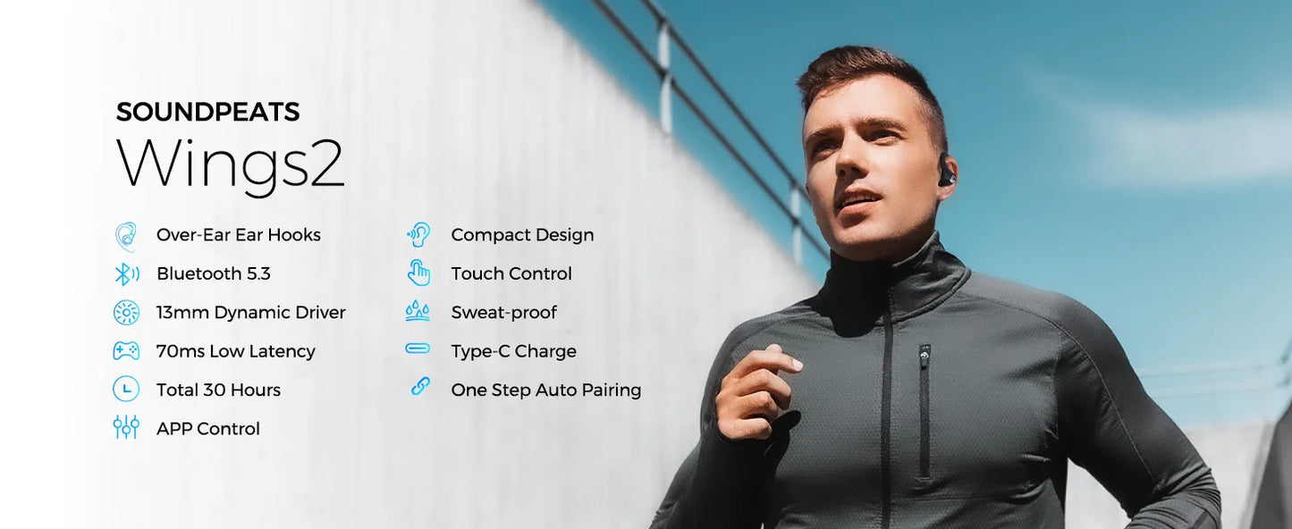 SoundPEATS Wings 2  Bluetooth 5.3 Wireless Earbuds Waterproof Sports Over-Ear Hooks Earphones with Touch App Control 30Hours