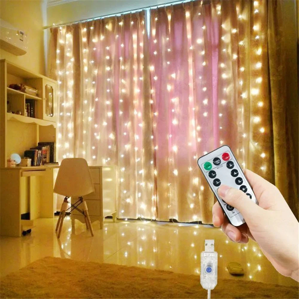 Christmas Lights LED Fairy String Curtain Lights 8 Mode Remote USB Festoon Christmas Decor For Home Holiday New Year Lamp
