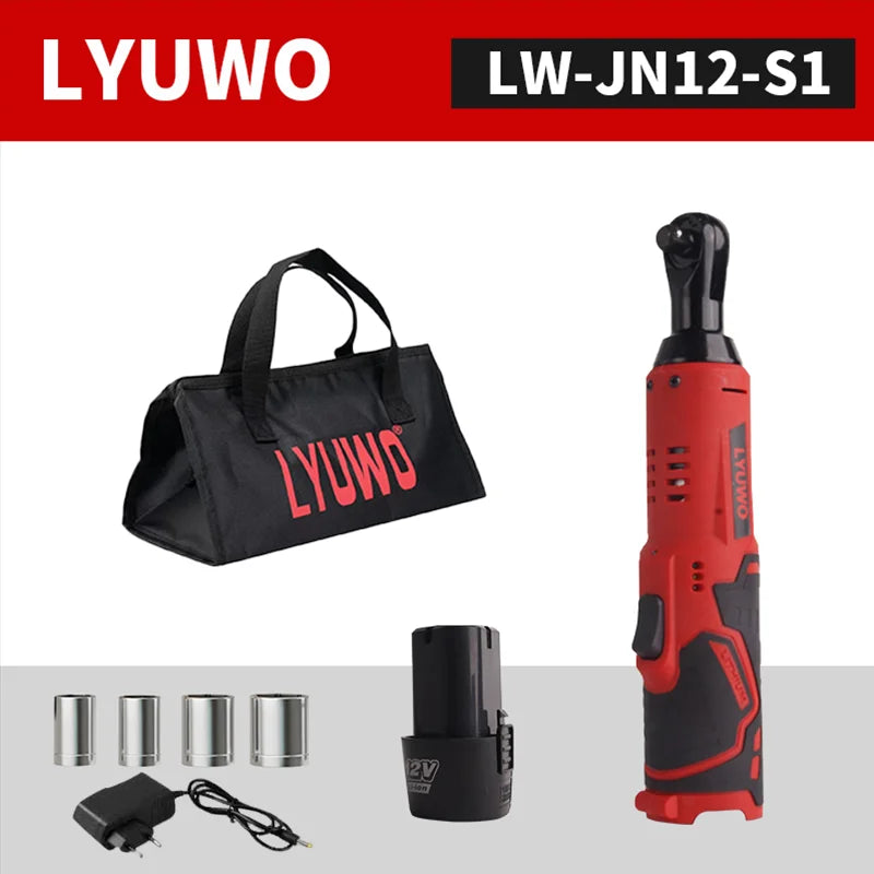 LYUWO 12V Cordless Right Angle Electric Wrench 45NM 3/8 Inch Ratchet Wrench Disassembly Nut Car Maintenance Tool With 4 Sockets