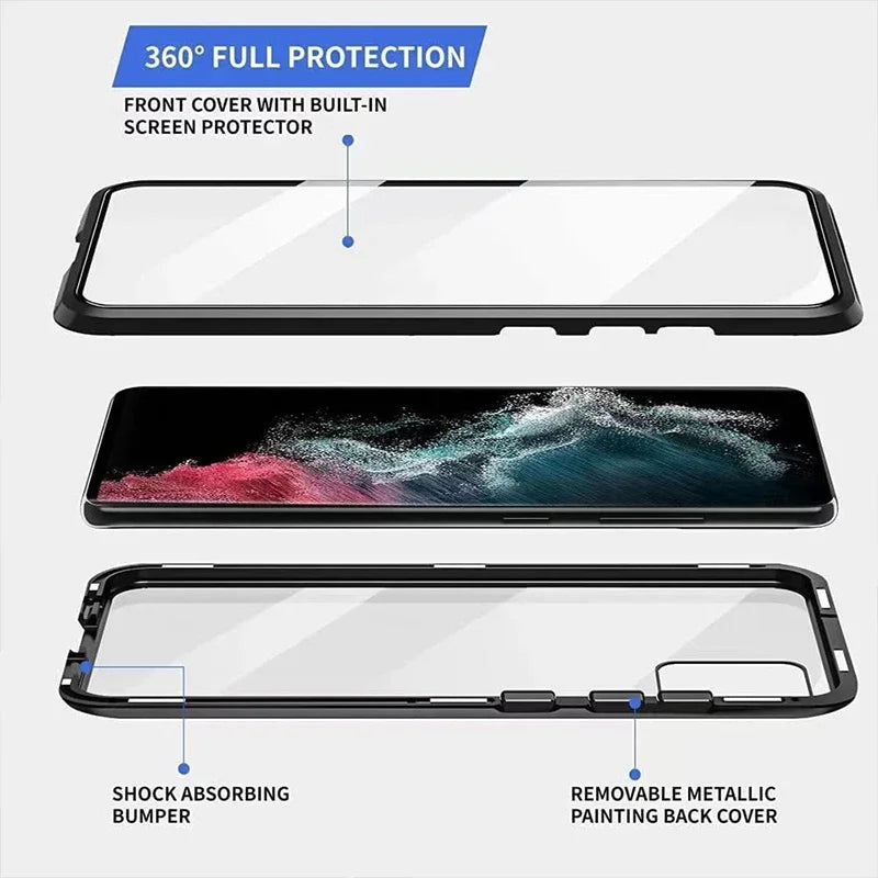 New 360 Protect Magnetic Case For Samsung Galaxy S24 S25 Ultra S23 S22 S21 S20 S23 FE S9 S10 Note 8 9 20 A72 Sided Glass Back
