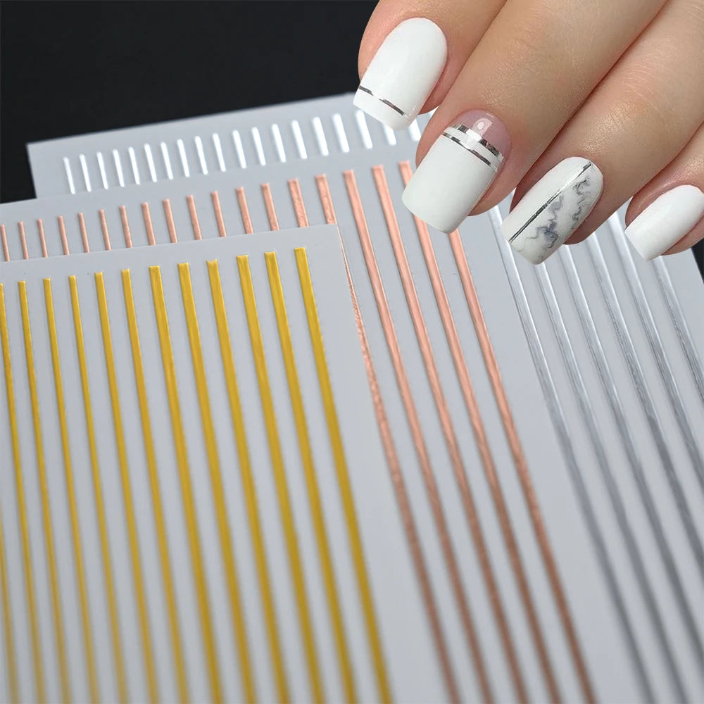 1Sheet Laser Gold/Silver Line 3D Nail Art Stickers Colorful/Black/White Stripe Self-Adhesive Slider DIY Lines Manicure Decals *&