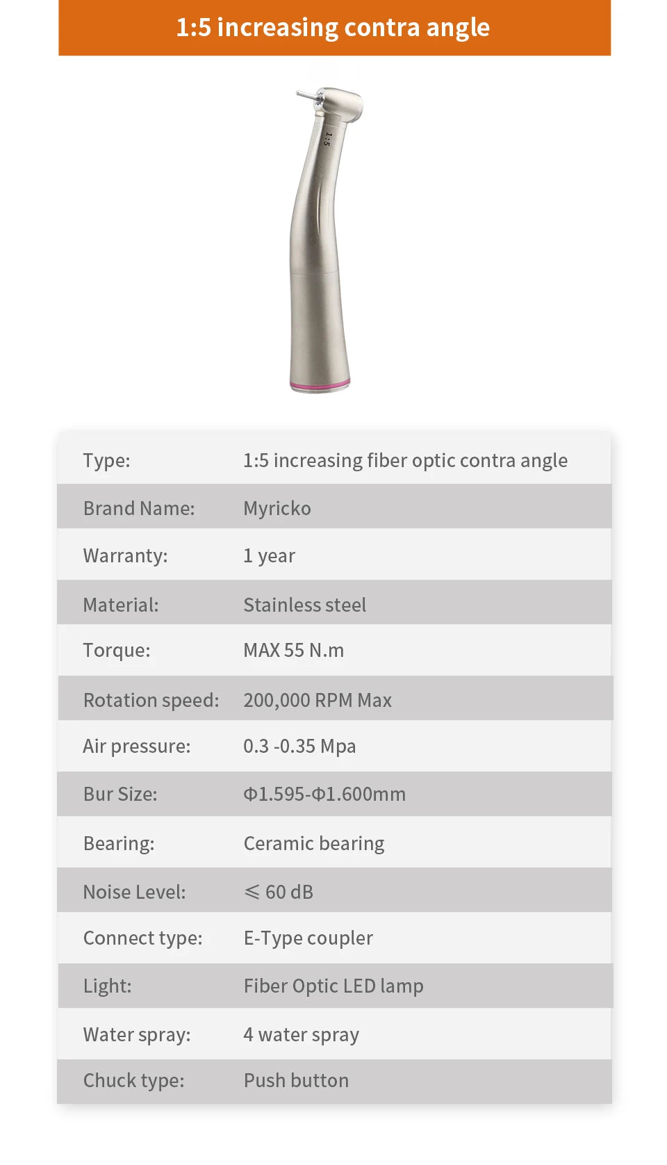 Myricko Dental  For 1:1/1:5 Bule Fiber Optic Contra Angle Low Speed Handpiece Push Button Dentistry Instrument Tools