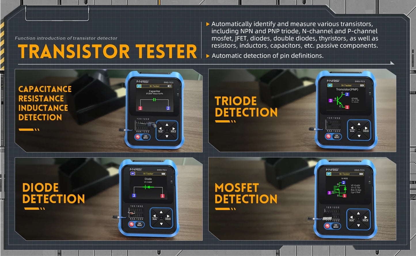 FNIRSI DSO-TC3 Handheld Digital Oscilloscope Transistor Tester 3-in-1 Support Diode Capacitance Voltage LCR Detect PWM Out