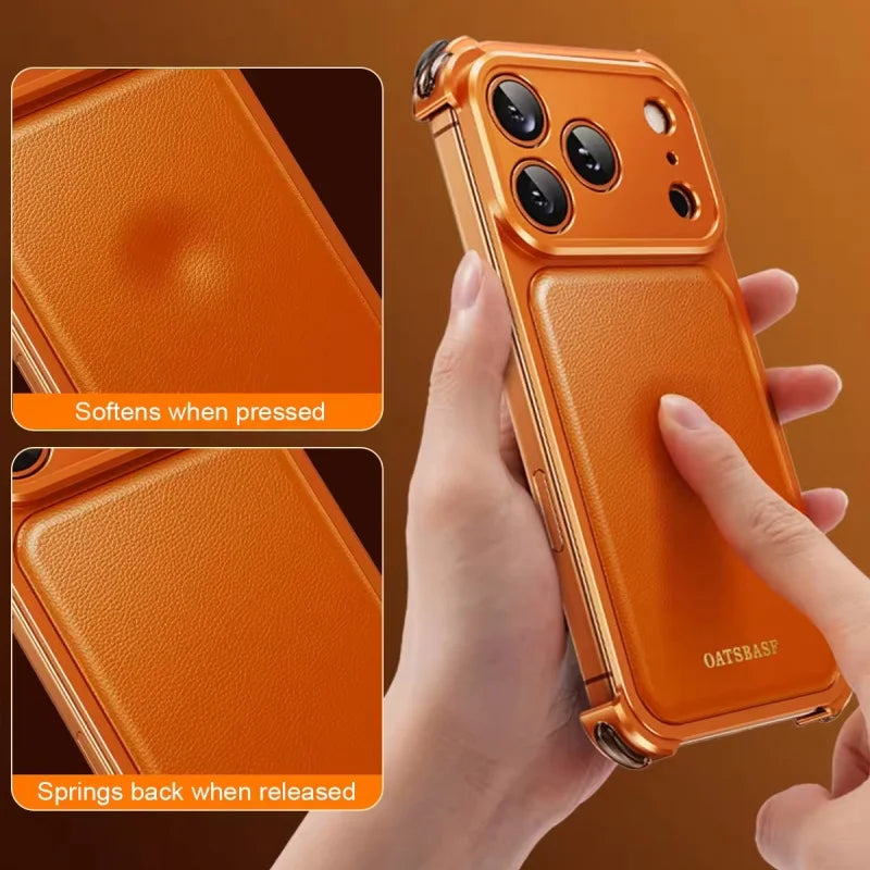 Luxury Bounce Magnetic Leather Mobile Phone Case For IPhone 17 16 Pro Max Frameless Aluminum Metal Bumper Shockproof Back Cover