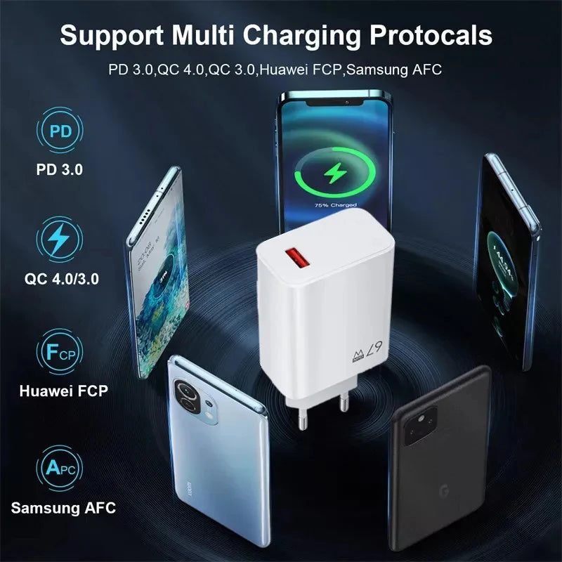 USB GaN Charger Quick Charging QC3.0 Fast Charging with 6A Cable Charger Adapter For iPhone Xiaomi Samsung Oneplus Wall Charger