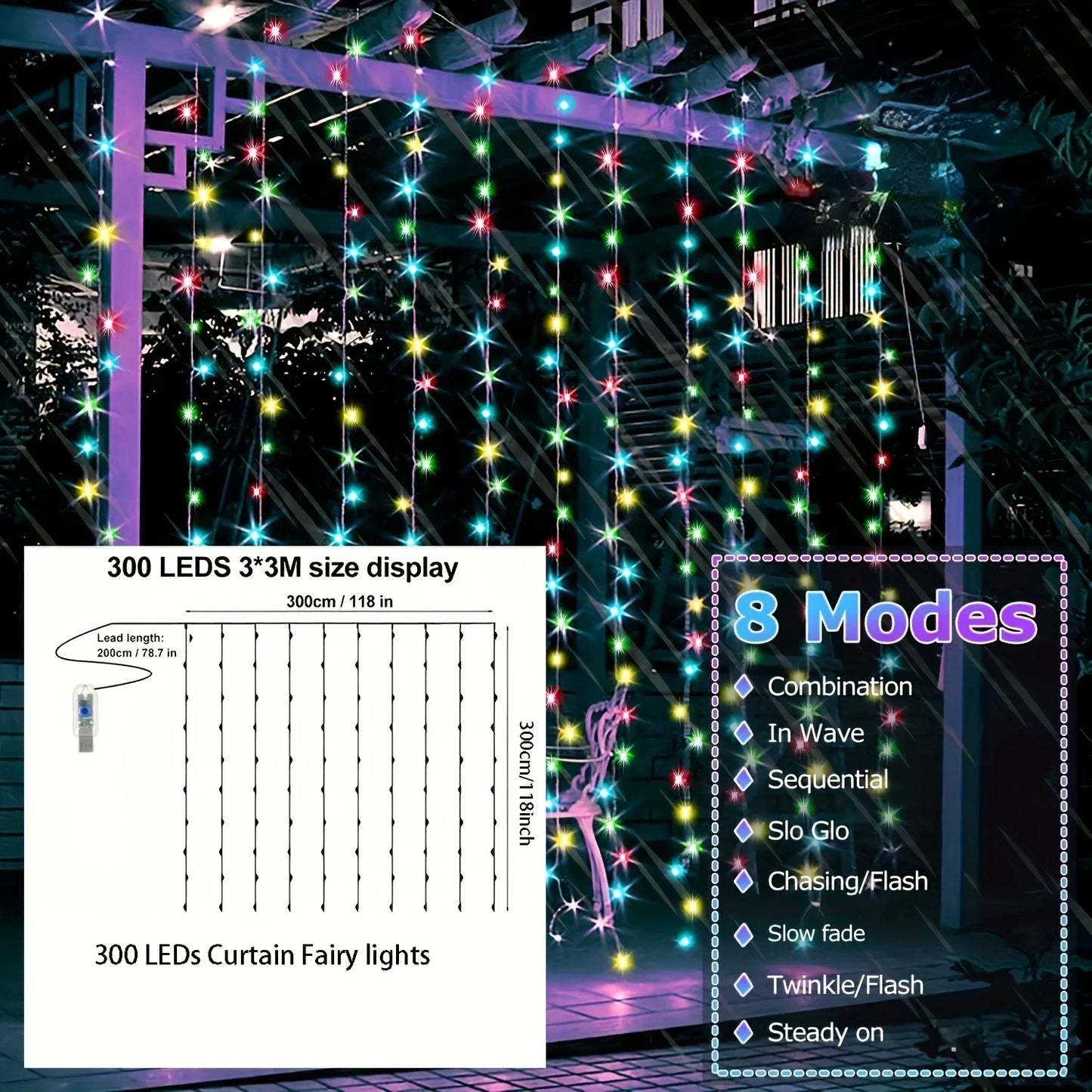 Fairy Curtain Lights for Bedroom Christmas String Lights USB 8 Modes Hanging Twinkle Remote Control for Wedding Party Xmas Decor