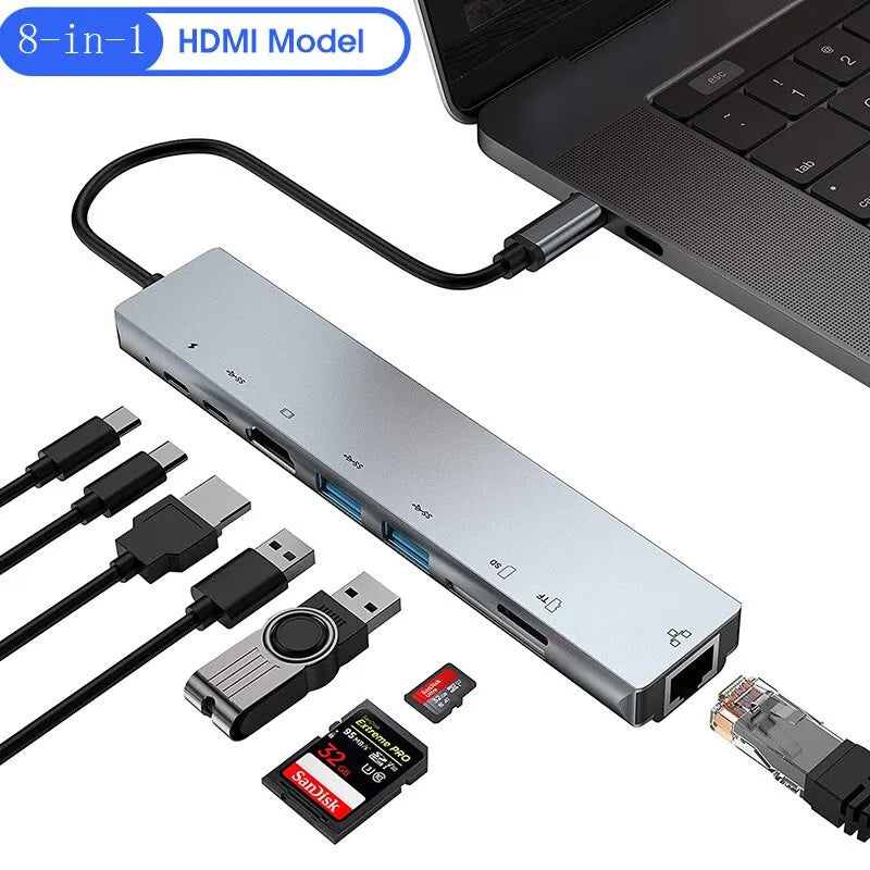 USB C Hub 8 in 1 Type C 3.1 To 4K HDMI Adapter with RJ45 SD/TF Card Reader PD Fast Charge Docking Station Hub for Phone Computer