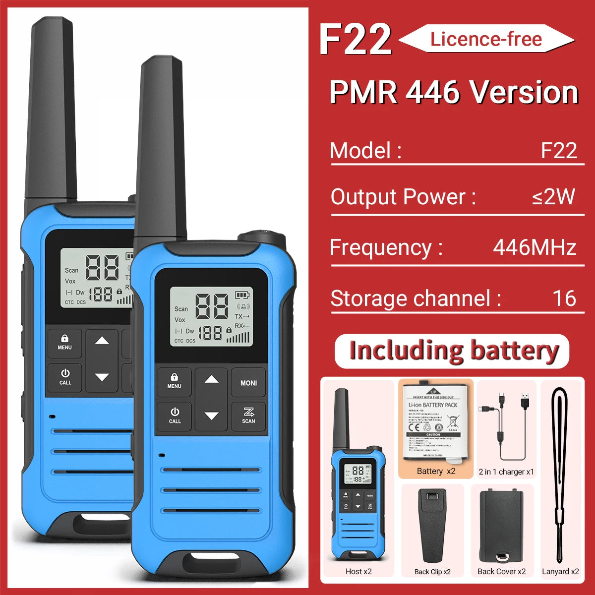 2pcs Baofeng F22 Mini Walkie Talkie PMR FRS Long Range Rechargable Portable Kids Two Way Radio Type-C Charger for Camping Trip