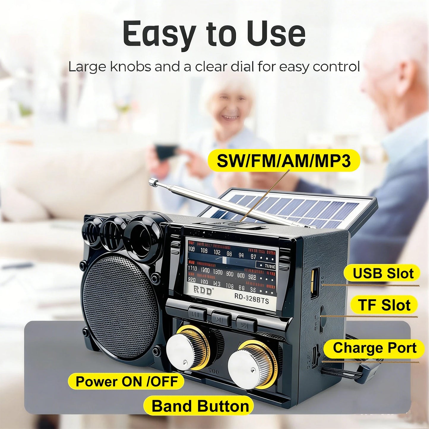 Portable FM AM SW Radio Solar  Radio Receiver Bluetooth Speaker TF Card USB Drive MP3 Music Player Rechargeable Battery