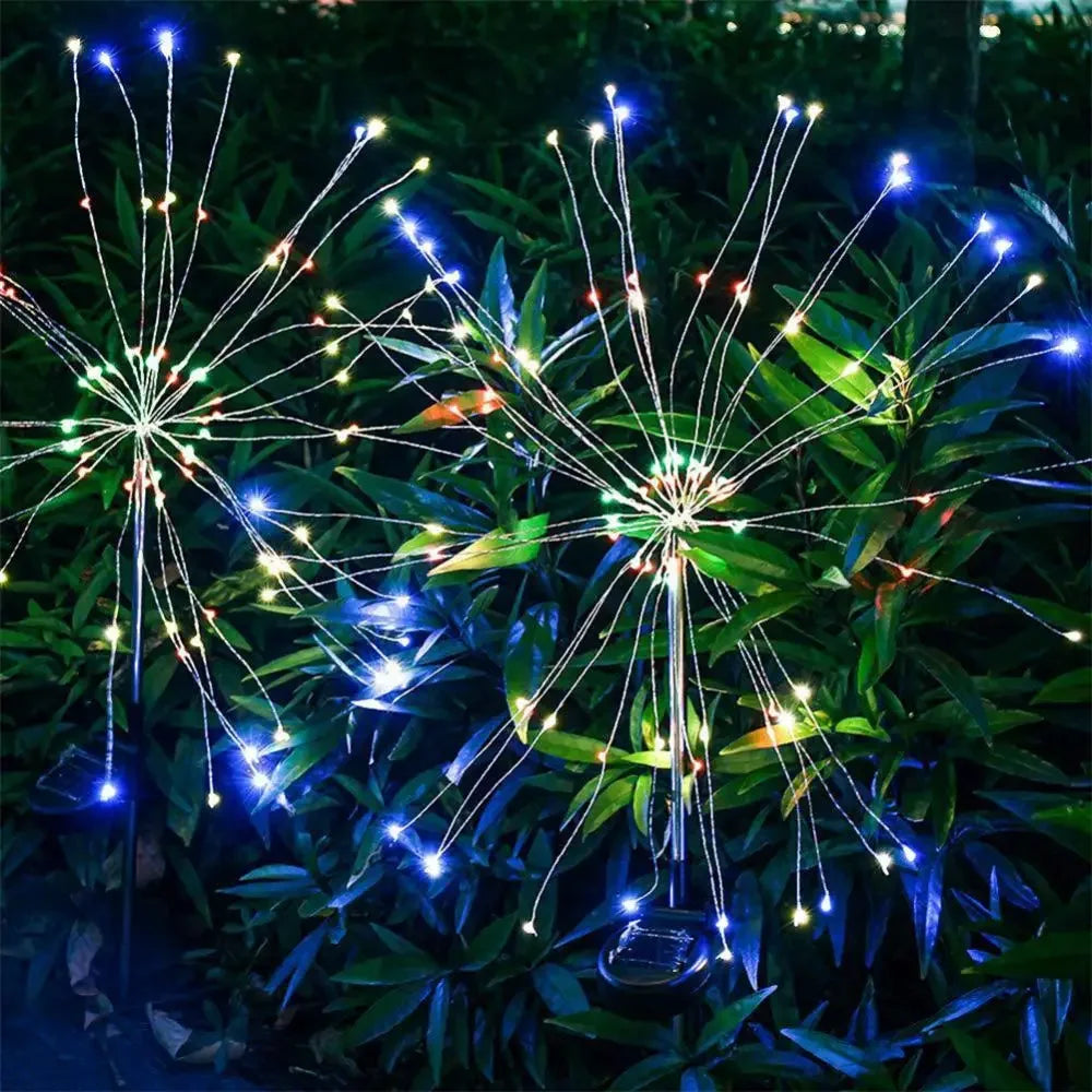 LED Outdoor Solar Fireworks Lights 90/150 LED Fairy Lights 8 Modes Garden Ground Plug Waterproof Holiday for Balcony Lawn Decor