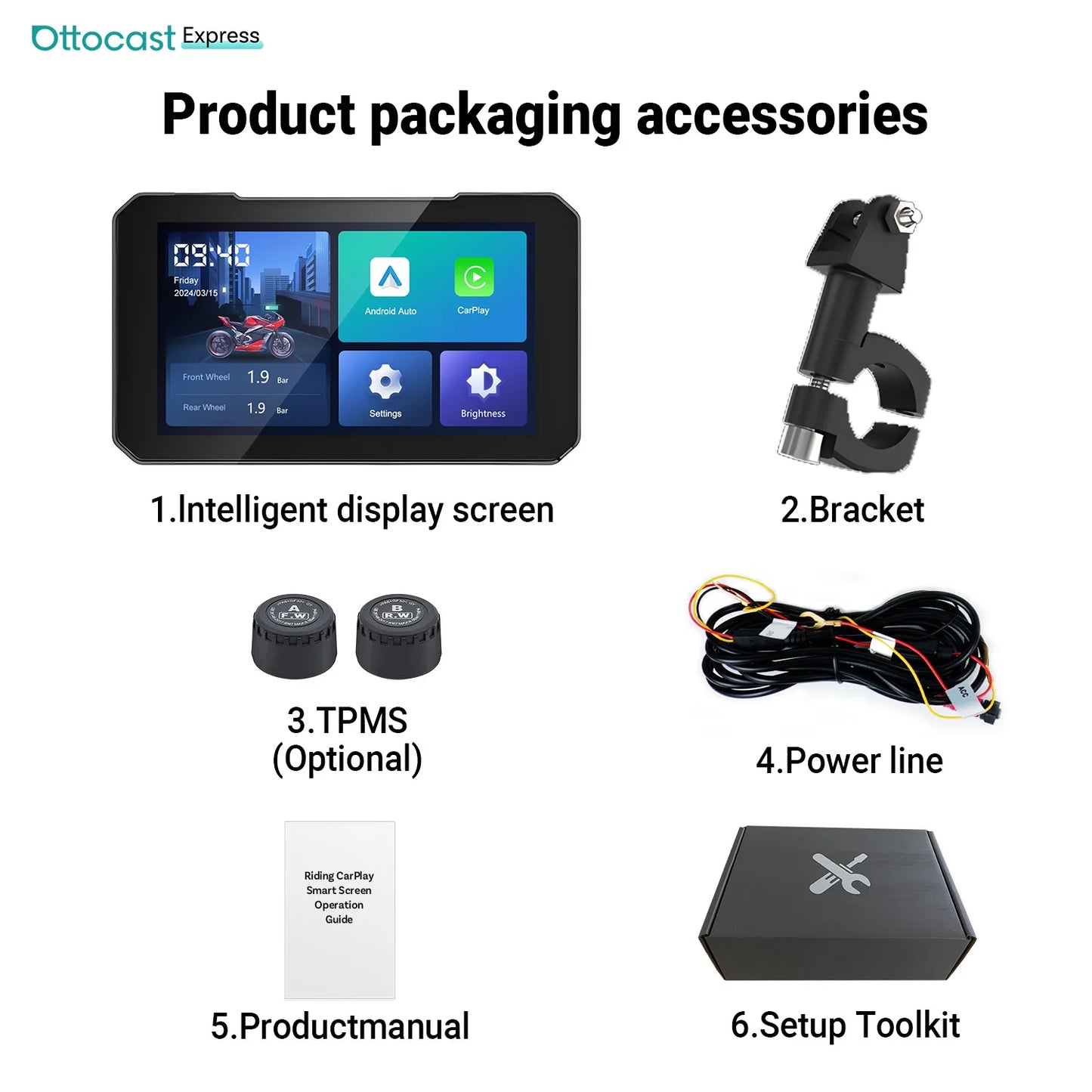 Ottocast 6.0 inch IP67 Waterproof Motorcycle GPS Navigation Wireless Carplay Android Auto DVR Drive Recorder Moto Monitor Wifi