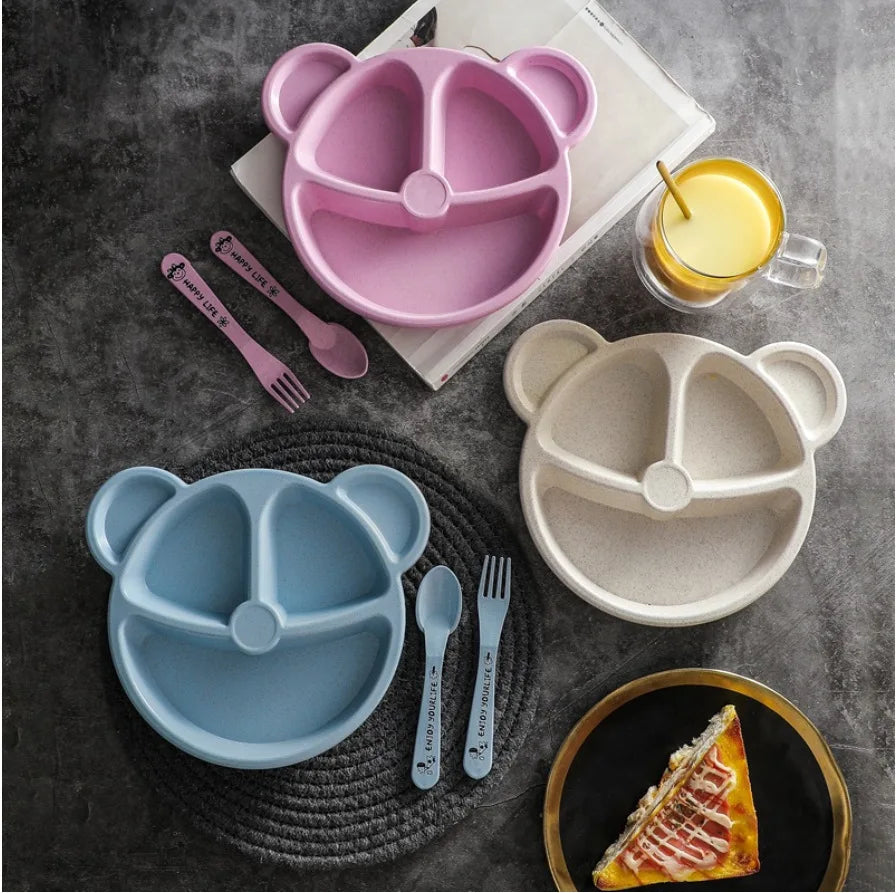 3pcs Wheat Straw Children's Compartment Dinner Plate Kindergarten Student Bear Tableware Set Children's Tableware Lunch Box