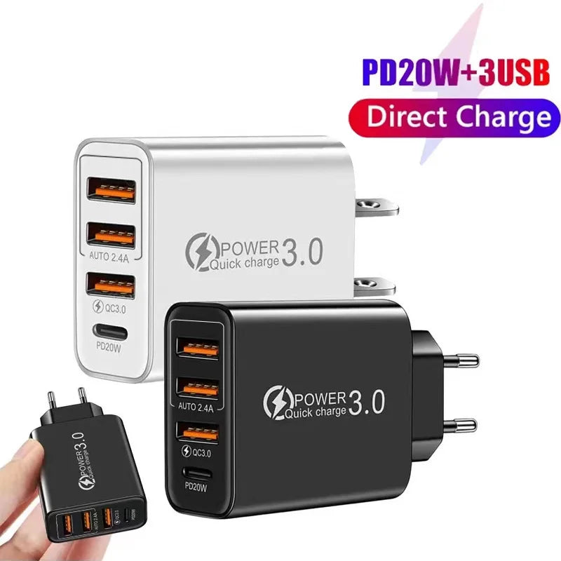 Type C USB Quick Charger 4 Ports 3.0 PD Cell Mobile Phone Power FAST Adapter For iPhone Samsung Xiaomi Black/White