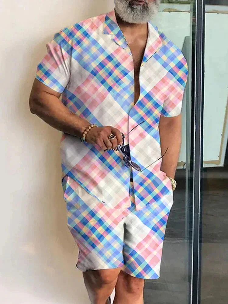 Summer Men's Short-sleeved Shirts Loose Drawstring Shorts New Fashion Cashew Flower Pattern Shirt Shorts Two-piece Men's Suit