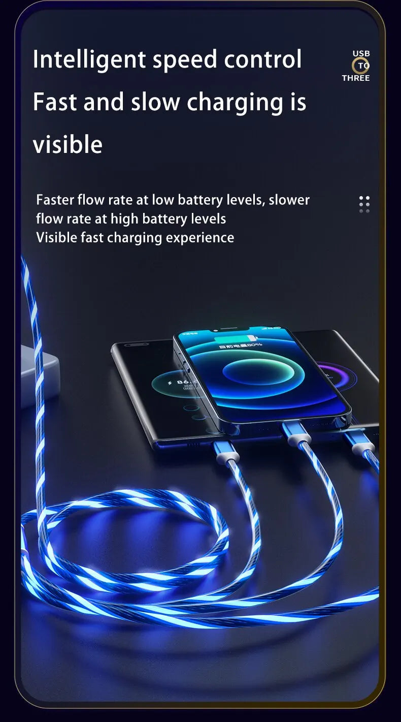 3 in 1 3A Fast Charging Glowing LED Light Micro USB Type C Cable For iPhone Samsung Xiaomi Redmi Phone Charger USB Cable