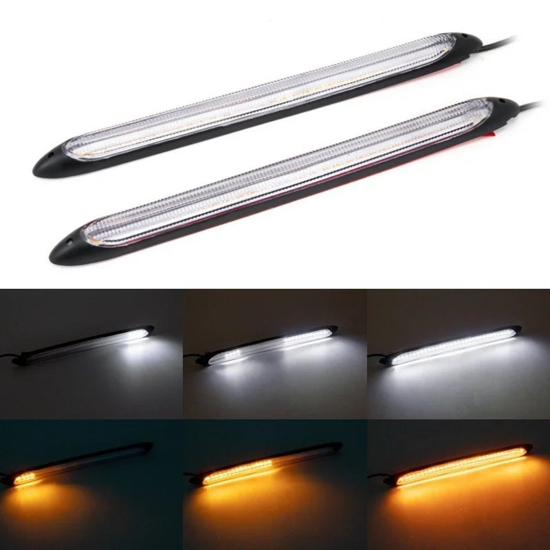 2PCS Car Car Front LED DRL Day Time Running Light Strips Sequential Flow Yellow Turn Signal White External Light