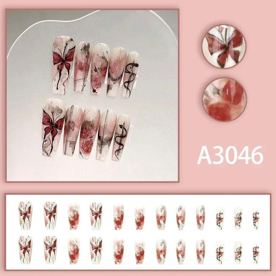 Watercolor Rose Fake Nail with Jelly sticker Press on False Nails Wearable Round Head Oval Full Cover Nail Tips