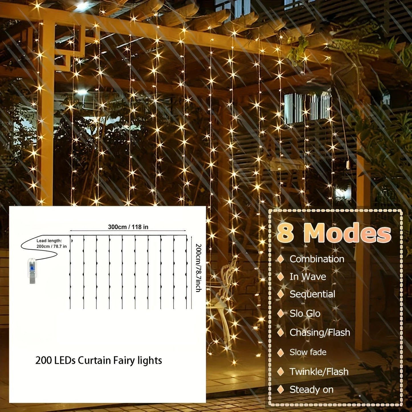 Fairy Curtain Lights for Bedroom Christmas String Lights USB 8 Modes Hanging Twinkle Remote Control for Wedding Party Xmas Decor