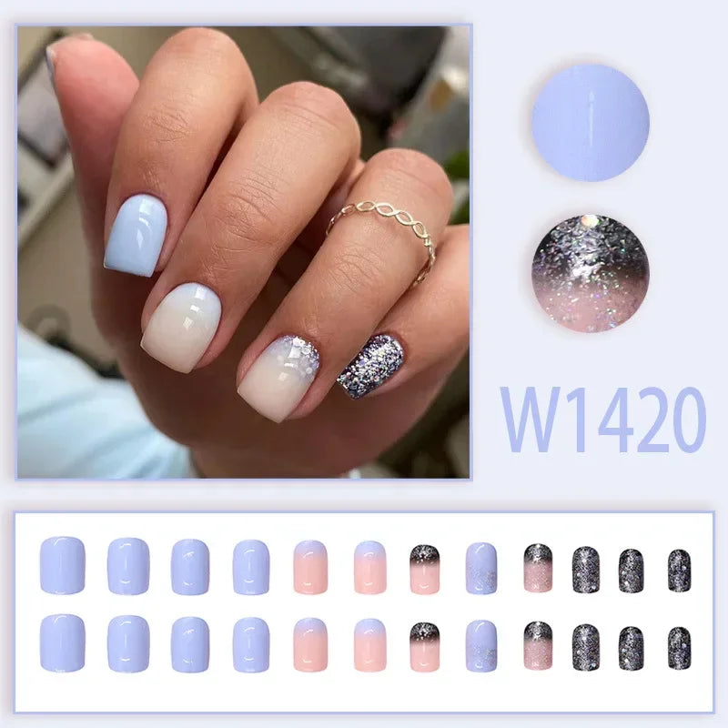 Black Ink Style Fake Nail with Jelly sticker Press on False Nails Wearable Round Head Oval Full Cover Nail Tips