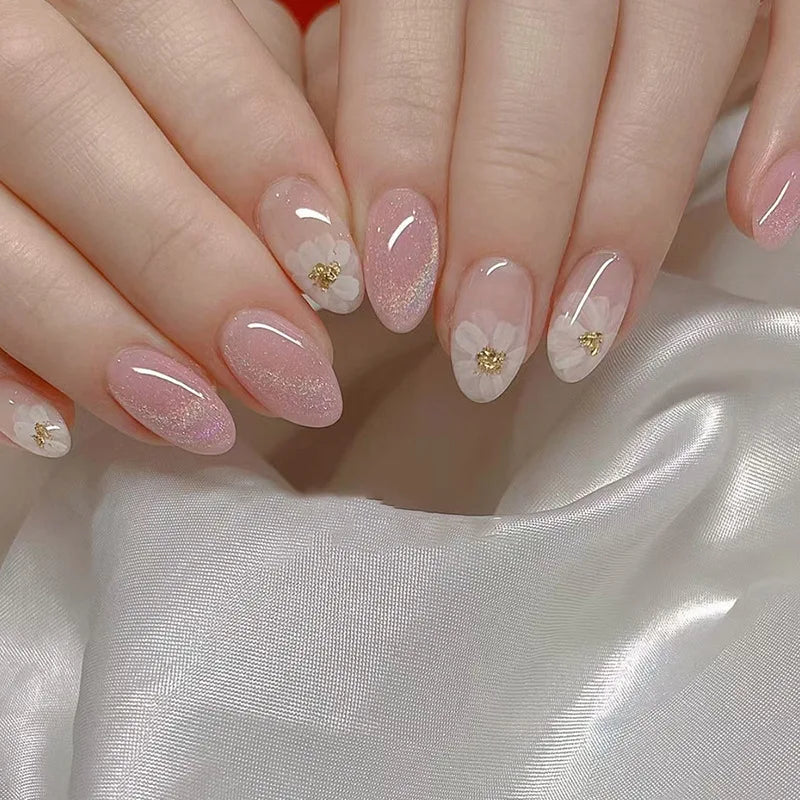 24 PCs Short French Simple Flower Nails with 1 Jelly Gel and 1 Nail File