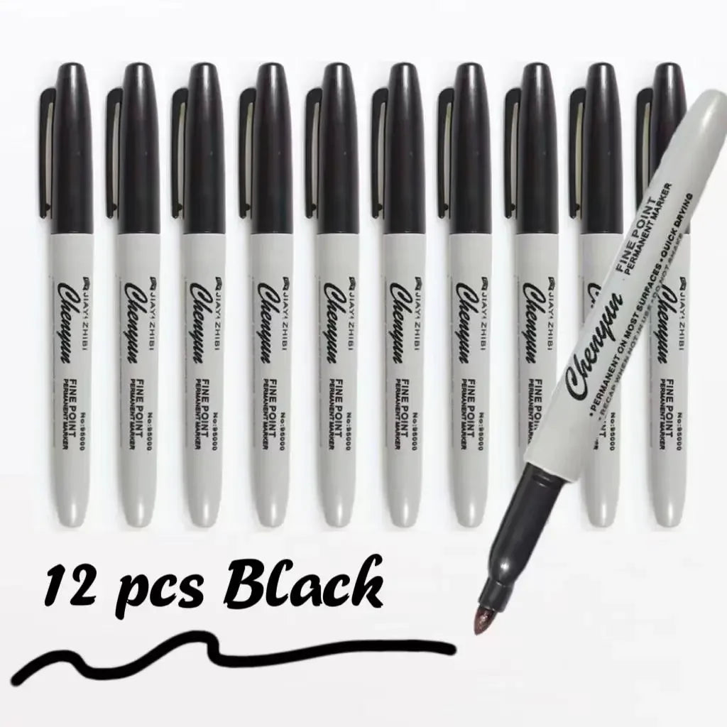 12pcs Black Permanent Marker Pens, Fine Tip, Waterproof, Quick Drying