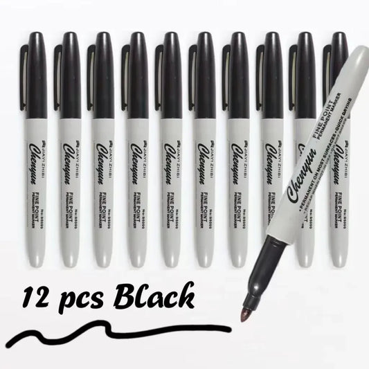12pcs Black Permanent Marker Pens, Fine Tip, Waterproof, Quick Drying