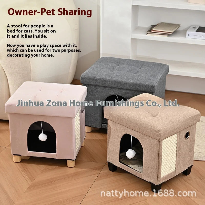 Multi Functional Cat Bed with Wooden Legs Foldable Pet Stool for Sitting