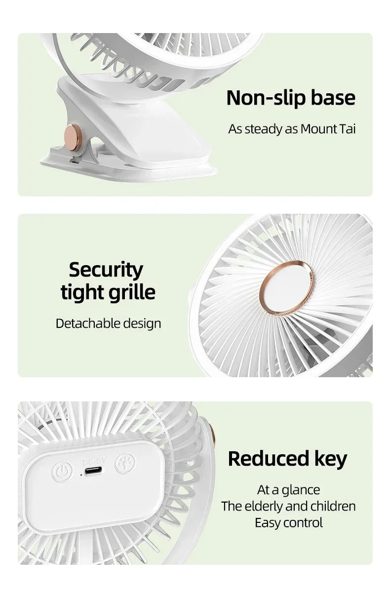 USB Rechargeable Table Fan Clip-on Type Portable Mini Desk Fan 360 Degree Rotation Adjustable Clip-on Fan For Student Dormitory