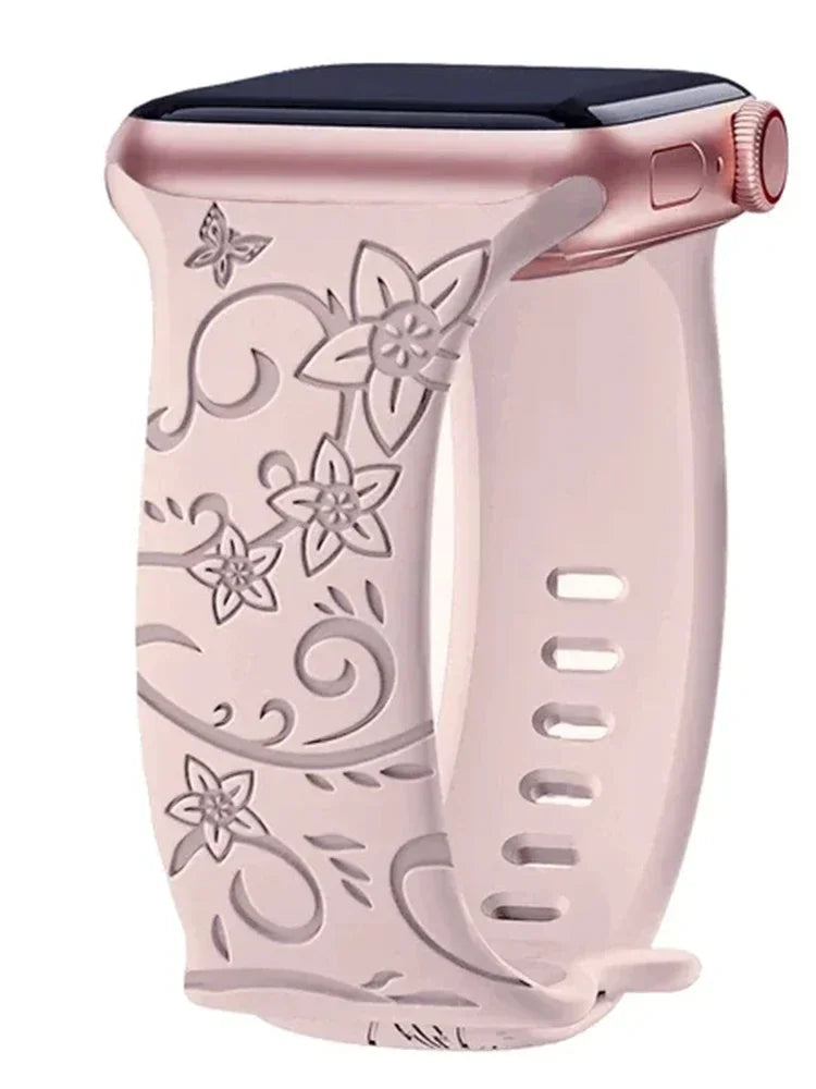 Floral Engraved Strap For Apple Watch Band 40mm 44mm 41mm 49mm 45mm 38mm 42mm silicone bracelet iwatch series 9 7 se 6 8 ultra 2