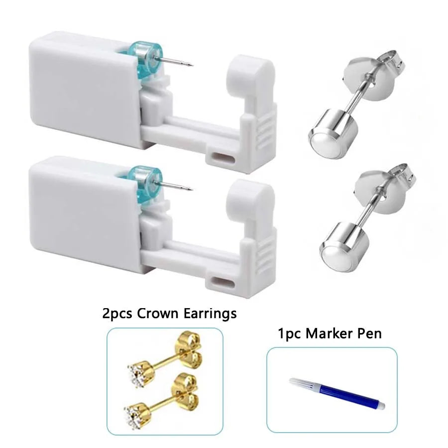2PCS Disposable Ear Piercing Gun with Built-in Ear Studs & 2pcs Cubic Zirconia Earrings-For Home Use Ear Piercing Kit