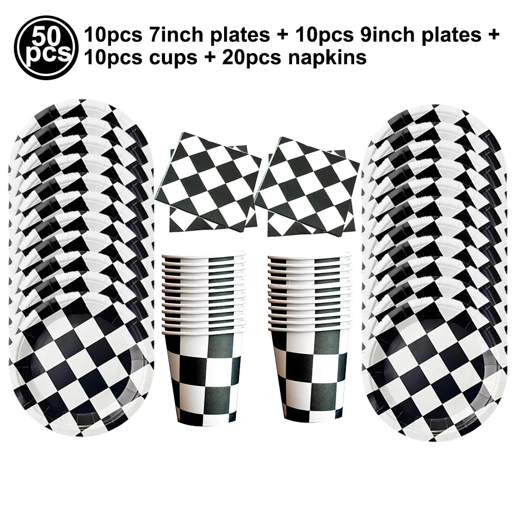 Traffic Cones and Racing Checkered Flags Black White Flags Kids Racing Theme Decorations for Race Car Birthday Party Supplies