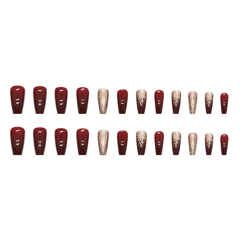 Gold Pink Wine Red 24 Pcs Fake Nail with Jelly sticker Press on False Nails Wearable Round Head Oval Full Cover Nail Tips