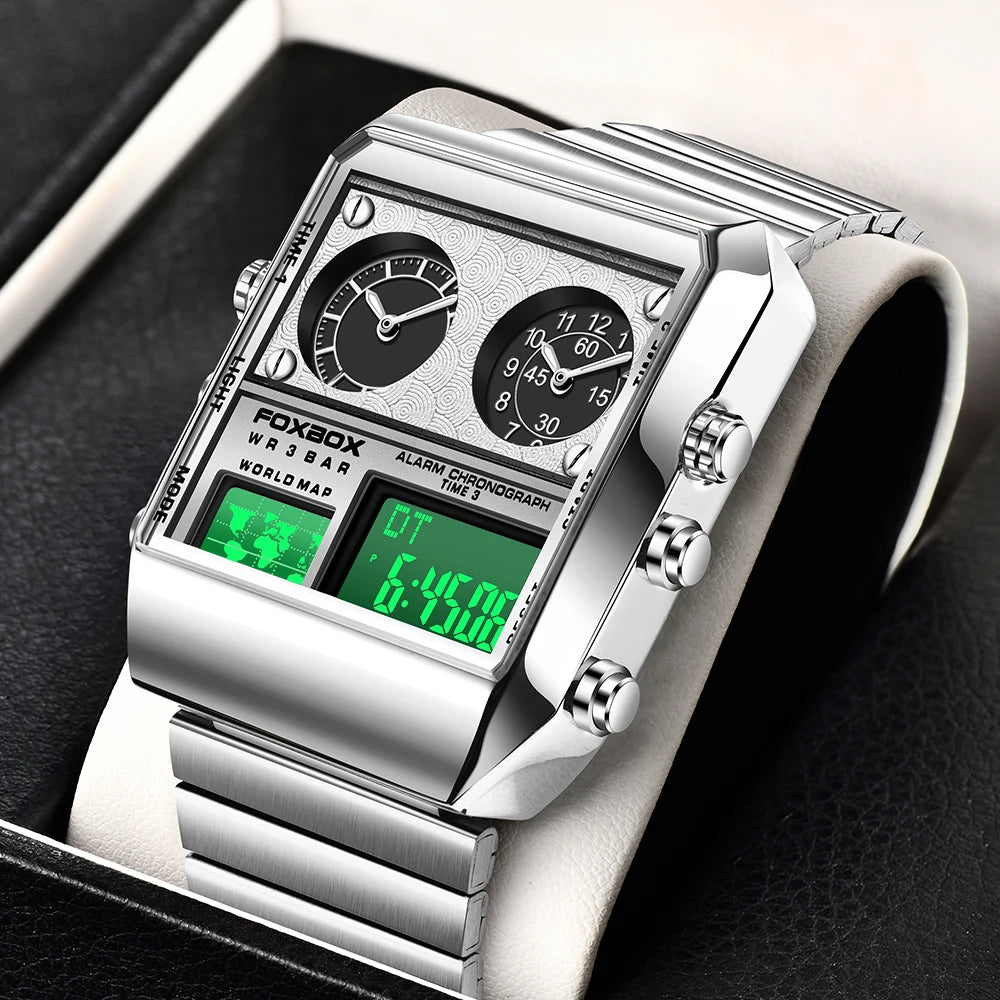 LIGE New Sport Mens Watches FOXBOX Brand Luxury Square Watch For Men Fashion Waterproof Dual Display Watch Relogio Masculino+box