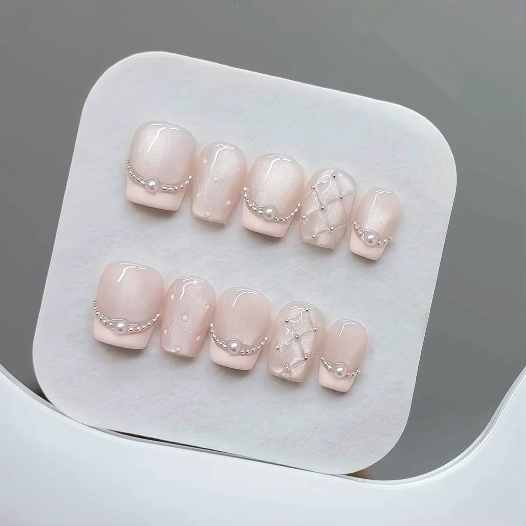 10pcs Handmade Press on Nails Plaid Pearl French Cat's Eye Aurora Fishtail Full Coverage Nail Tip for Women&Girl Removable Nail