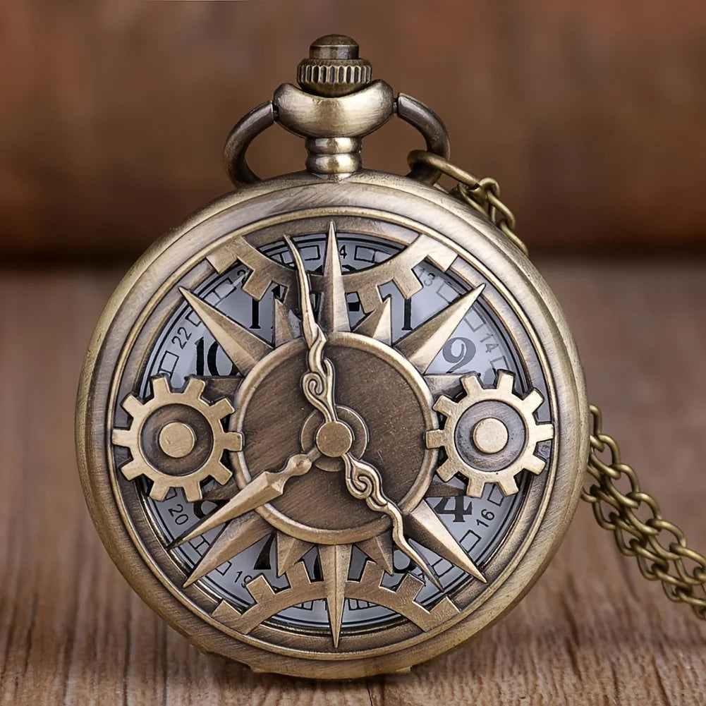 Antique Steampunk Bronze Hollow Gear Movement Quartz Pocket Watch Pendant Gift With Chain Boys Men