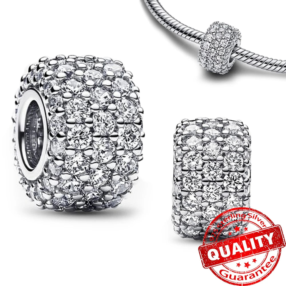 Sparkling 925 Sterling Silver Pavé Round Pink Charm Fit Original Bracelet Blue Charm Beads Women Necklace Fine Jewelry Gift