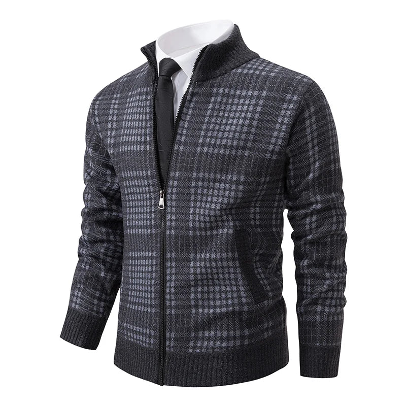 Mens Sweaters Jacket Full Zip Fleeced Sweater Cardigan Plaid Stand Collar Sweaters Coat Autumn Winter Homme Clothes