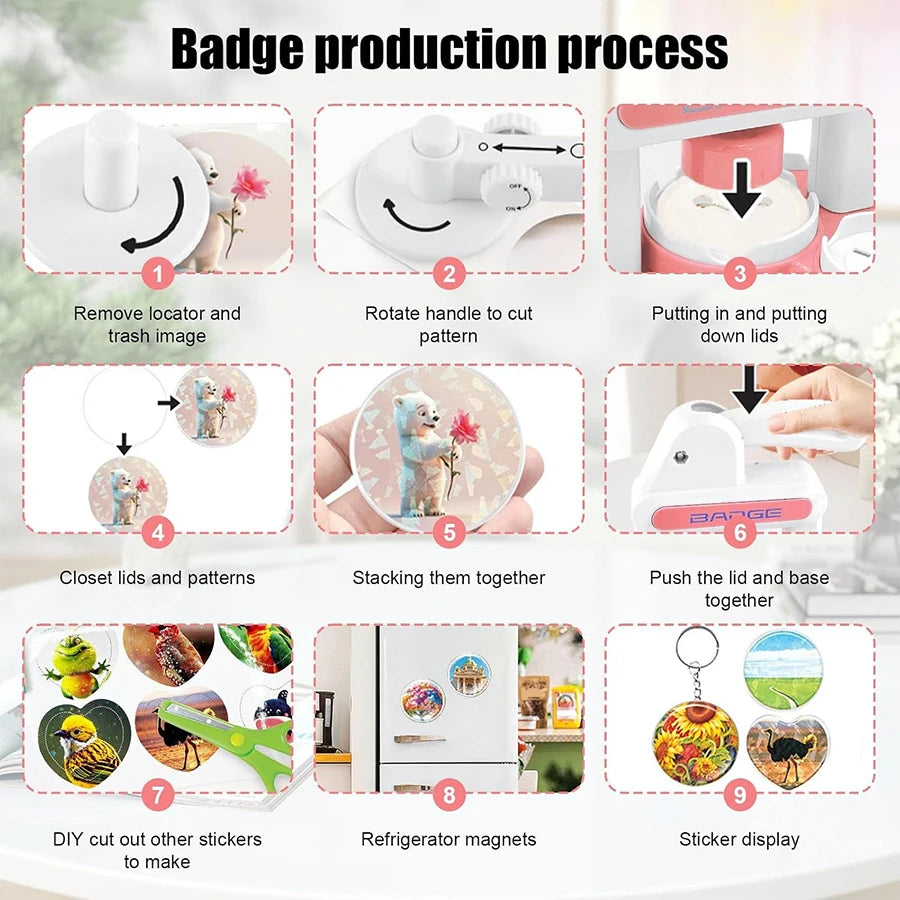 3in1 Button Maker Machine,Round/Heart Magnet DIY Pin Badge Maker,Portable Press Machine Badge Punch Kit with 36 Patterns Badges