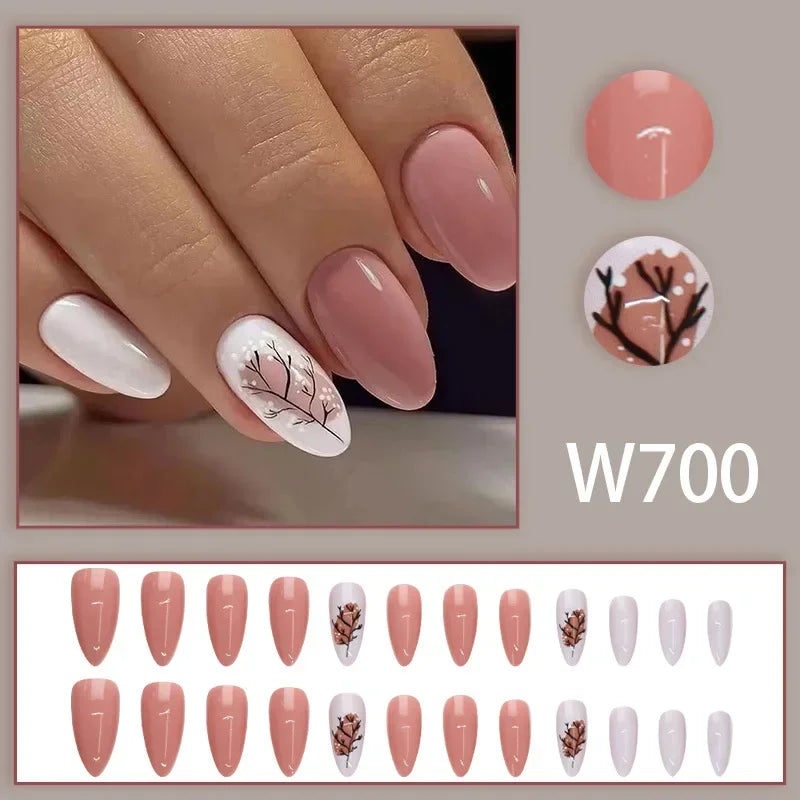 Black Ink Style Fake Nail with Jelly sticker Press on False Nails Wearable Round Head Oval Full Cover Nail Tips
