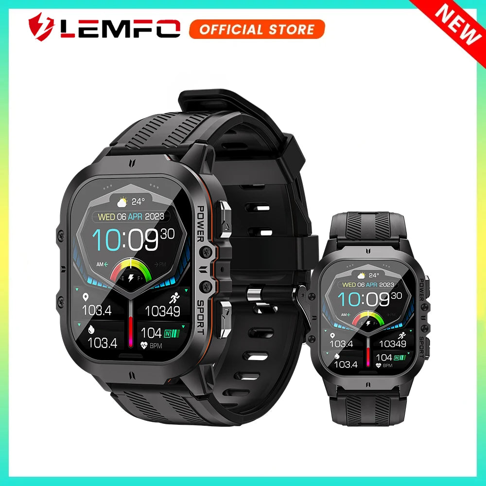 LEMFO New C26 Smart Watch Men AMOLED 1.96 Inch HD Screen Bluetooth Call 100＋ Sports Modes 1ATM Waterproof Outdoor Smartwatch