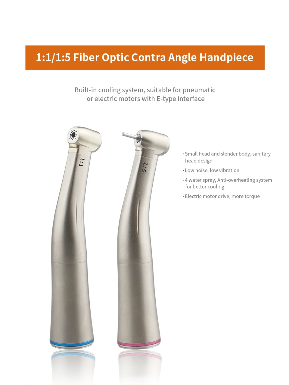 Myricko Dental  For 1:1/1:5 Bule Fiber Optic Contra Angle Low Speed Handpiece Push Button Dentistry Instrument Tools