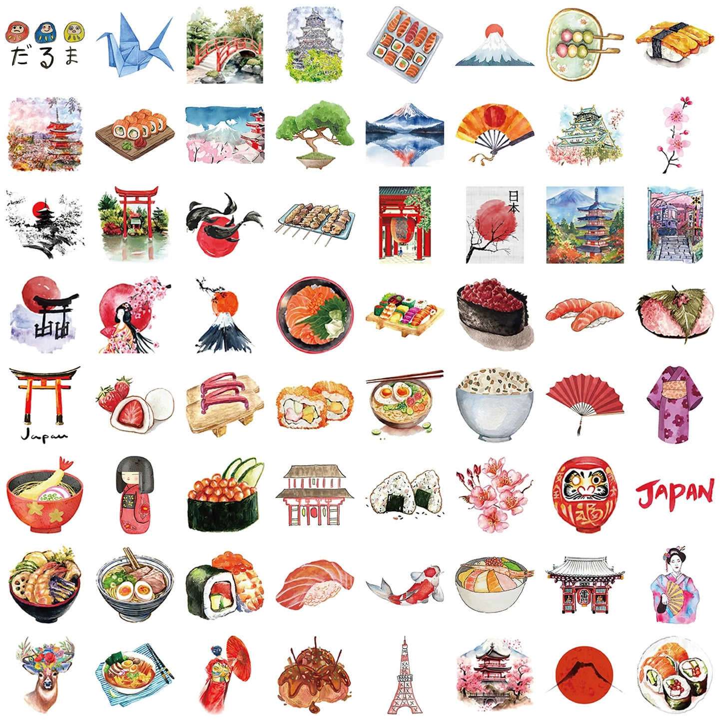 64PCS Japanese Travel Retro Style Architecture Food Stickers Exquisite Handmade Material Phone Case Laptop Decoration